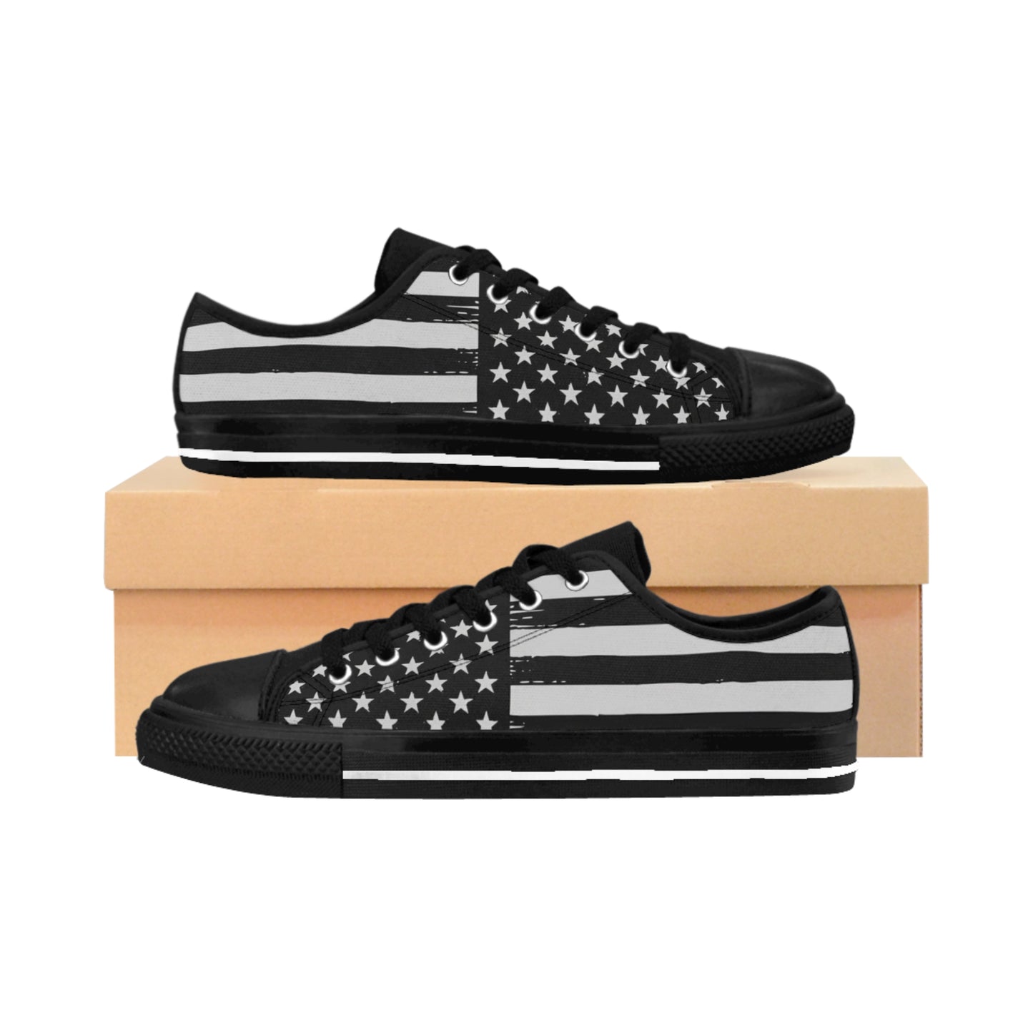 Black & White American Flag Women's Sneakers — Patriotic Low-Top Casual Shoes